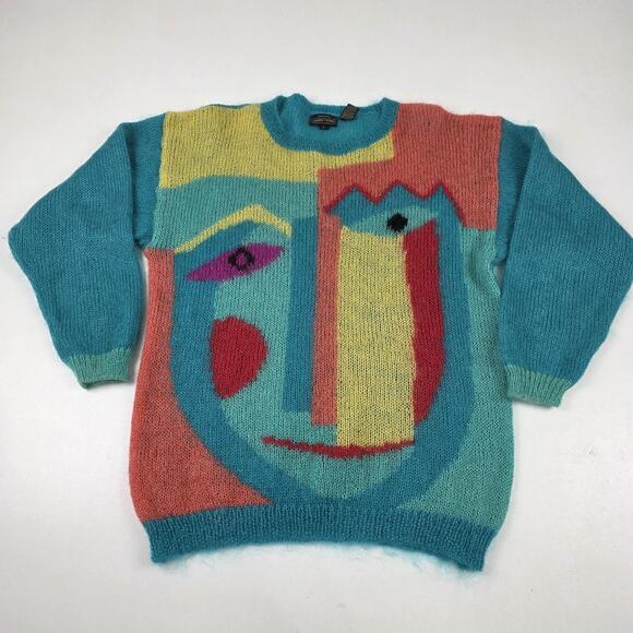 Vintage Renee Tener Jeanne Pierre Sweater Womens Large Mohair Abstract Face 80s - Picture 1 of 9